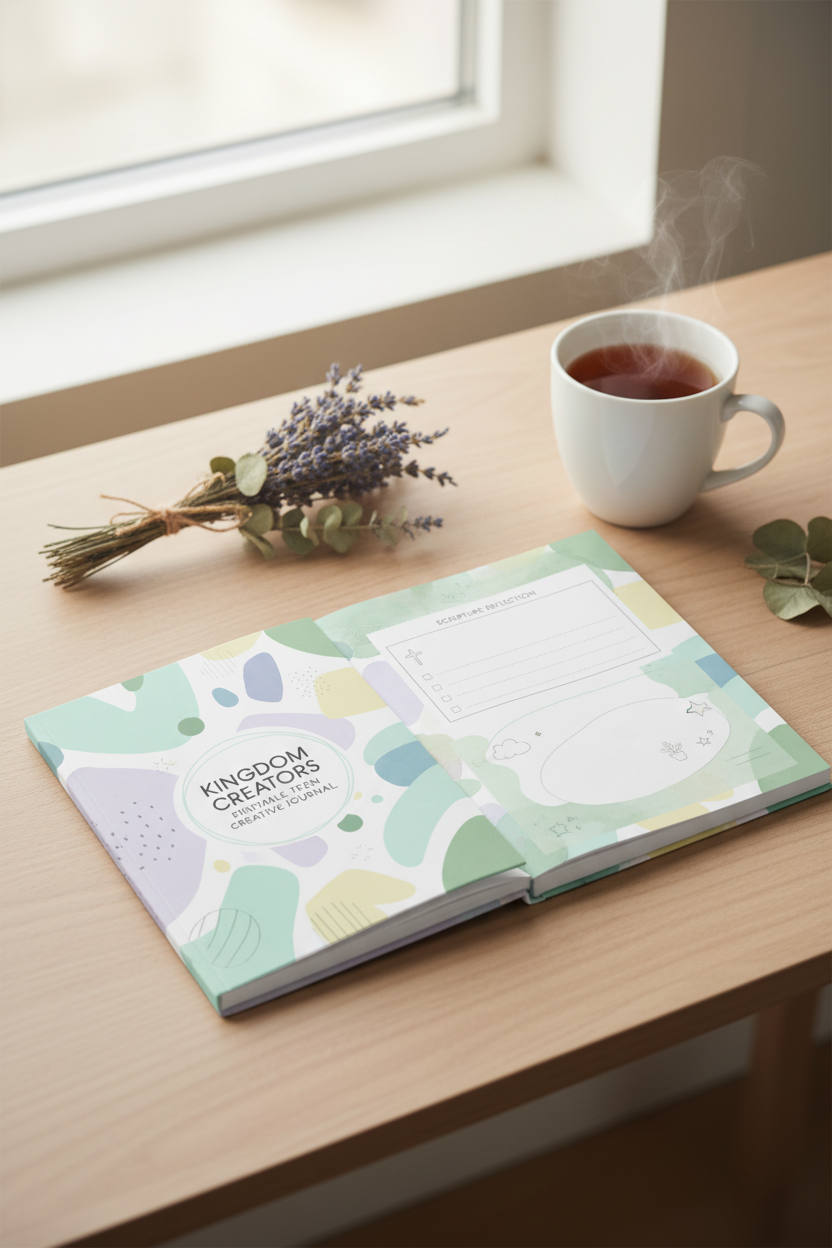 Kingdom Creators Teen Faith Journal open on a cozy desk with tea and dried flowers